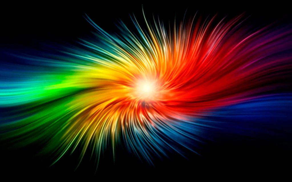 Vibrant rainbow swirl wallpaper with bright central light and dynamic color streaks on black background