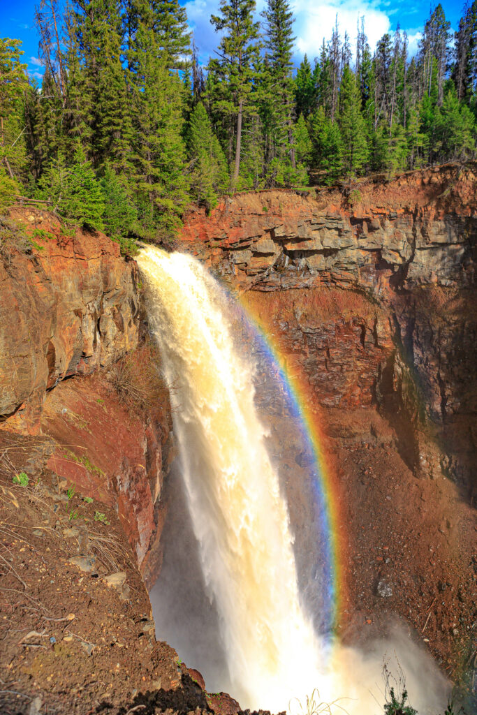 Waterfall cascading over rocks with pine trees and a vivid rainbow in a lush landscape background Wallpaper