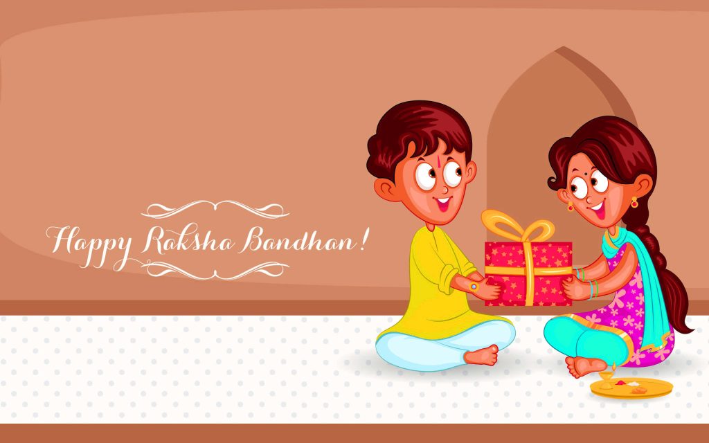 Raksha Bandhan cartoon wallpaper with brother sister gift exchange and traditional puja thali