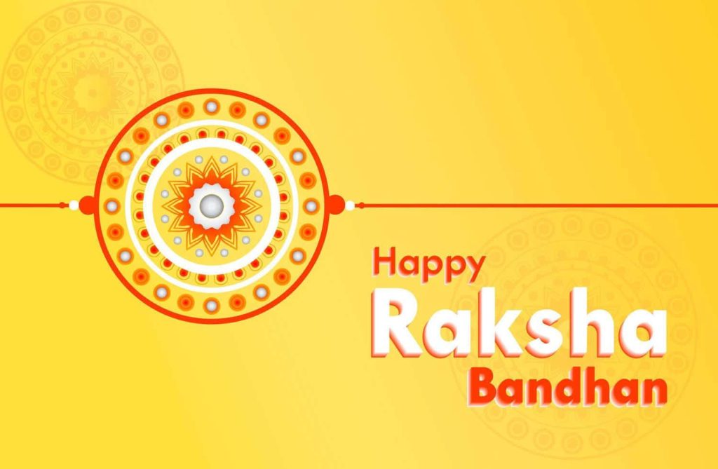 Vibrant Raksha Bandhan wallpaper with colorful Rakhi and Happy Raksha Bandhan text on yellow background