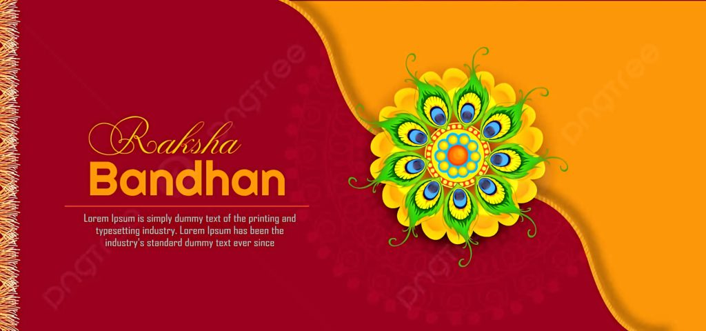 Vibrant Raksha Bandhan greeting with maroon yellow background and circular peacock feather design Wallpaper