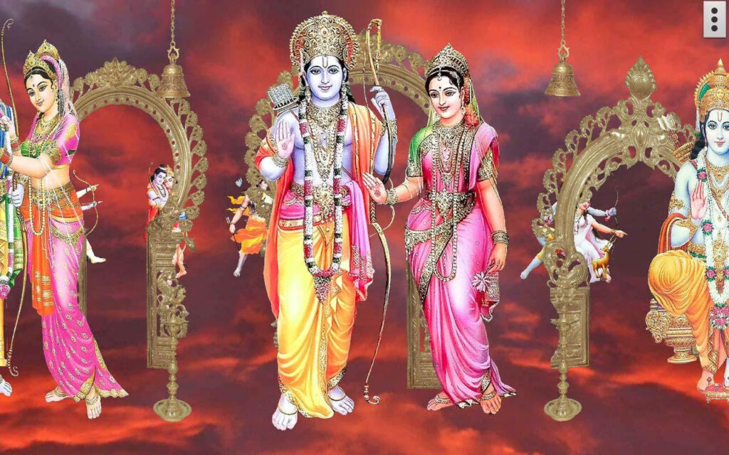 Vibrant 3D Ram Darbar Wallpaper with Lord Rama, Sita & Lakshmana