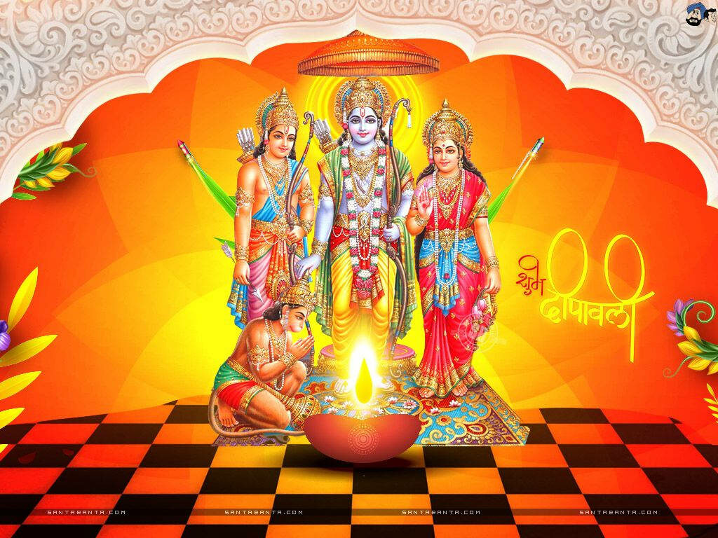 Vibrant Ram Darbar Wallpaper with Lord Rama, Sita & Hanuman