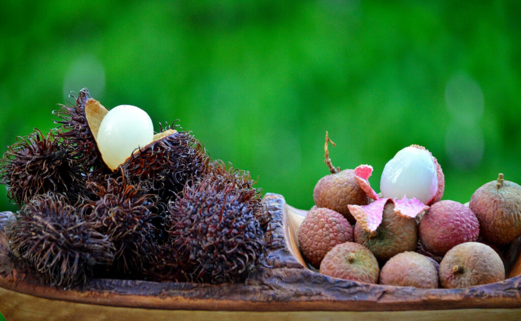Vibrant Wallpaper: Close-Up of Rambutan & Lychee Fruits on Green