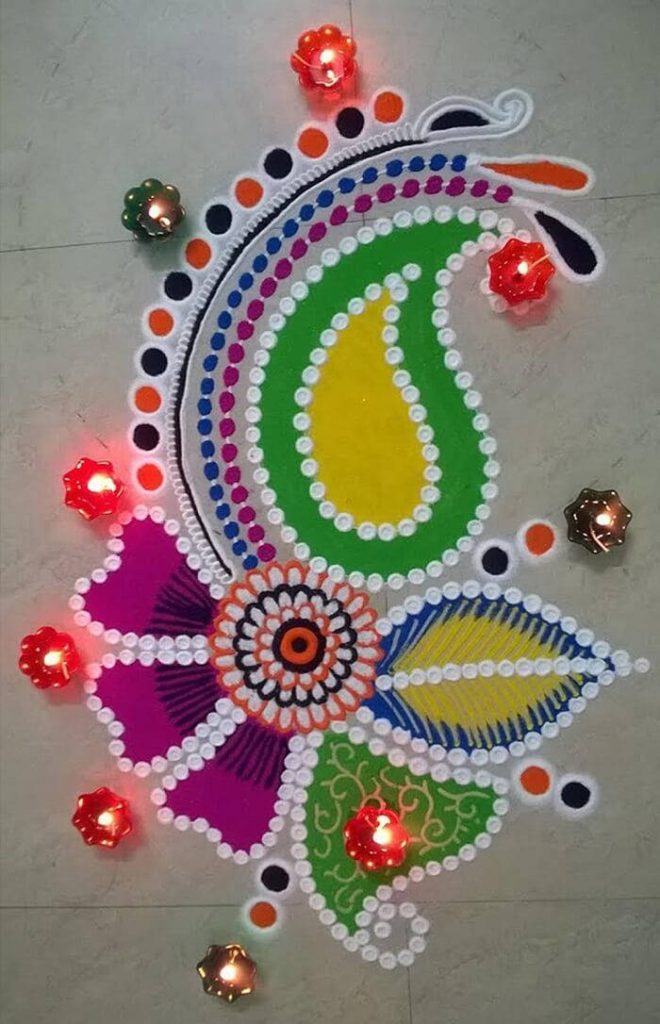 Vibrant Rangoli design with colorful paisley floral patterns and glowing diyas for Gudi Padwa Wallpaper