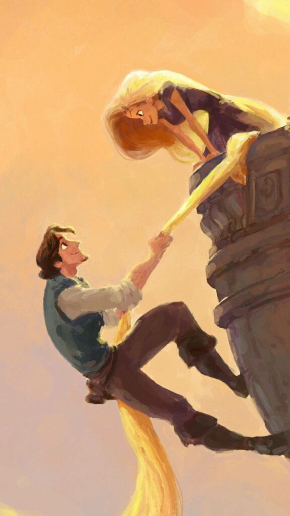 “Disney Rapunzel & Flynn Wallpaper: Vibrant Tower Moment Background”