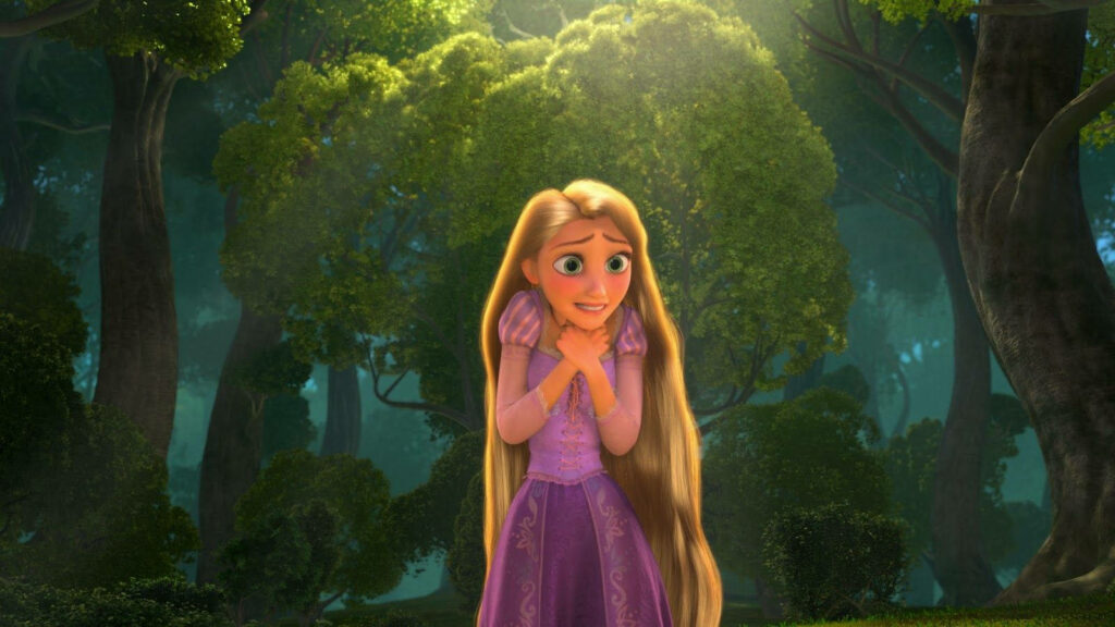 Rapunzel in Lush Forest: Vibrant Tangled Wallpaper Background