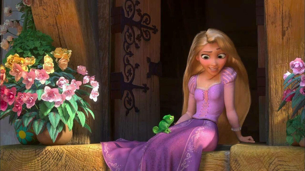 Vibrant Rapunzel Wallpaper: Tangled's Princess with Pascal & Flowers