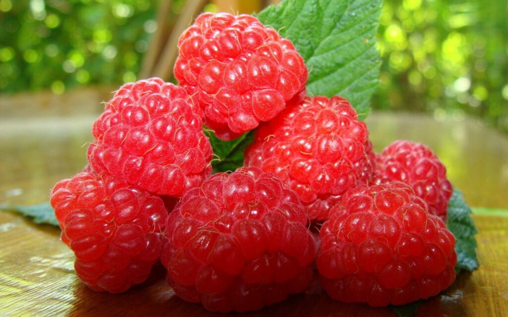 Vibrant Raspberry Wallpaper on Leafy Twig & Natural Wood Background