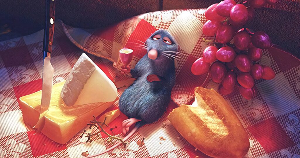 Vibrant Ratatouille Wallpaper: Remy with Cheese & Bread on Checkered Table