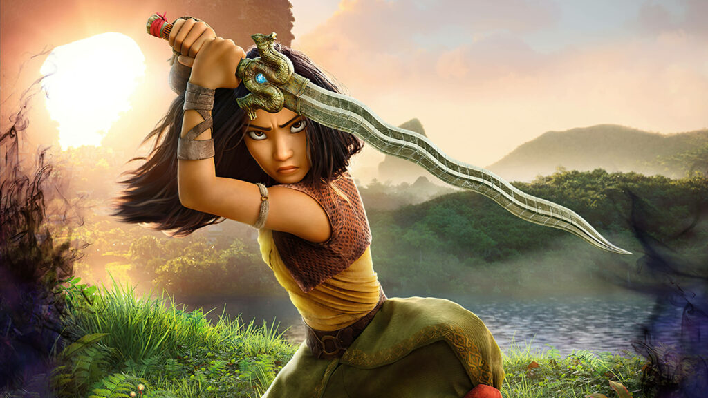 Vibrant Raya Wallpaper: Fearless Princess with Sword in Mystical Setting