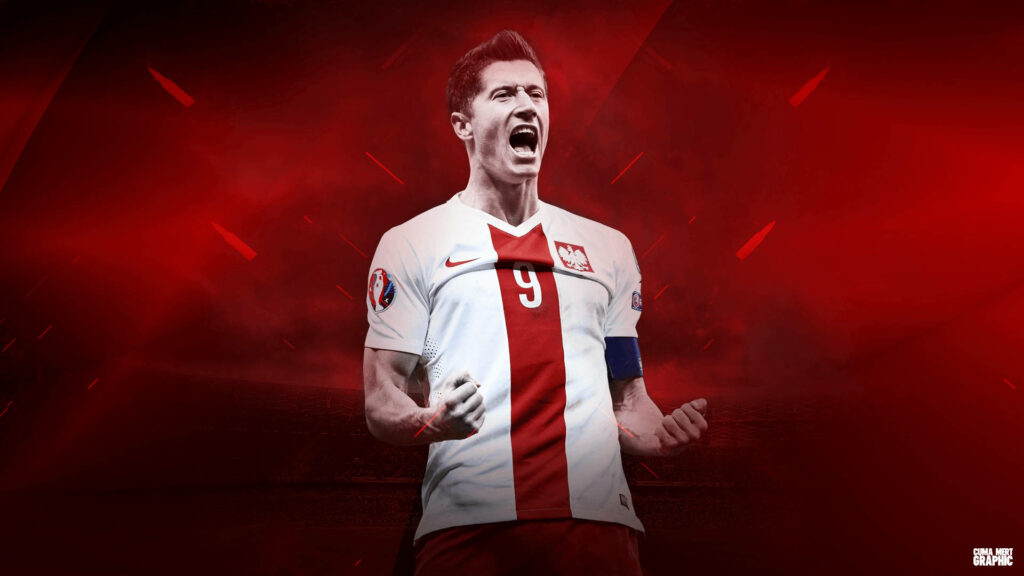 Vibrant Red Abstract Wallpaper: Robert Lewandowski in Polish Jersey