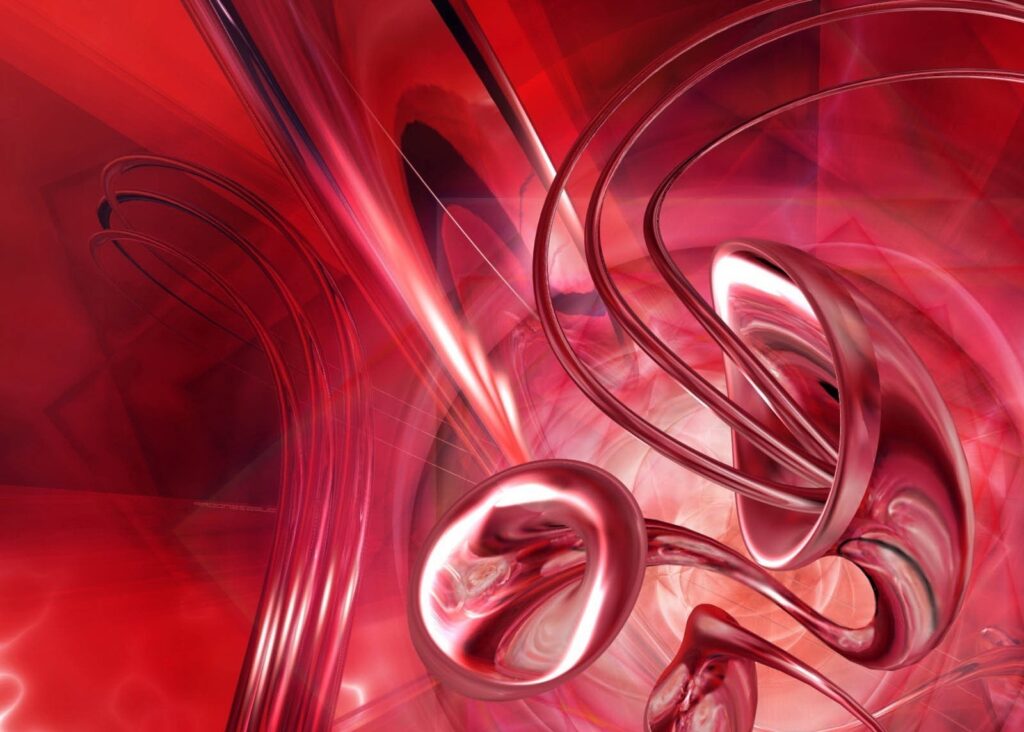 Vibrant Red Abstract Wallpaper with Metallic Swirls and Depth