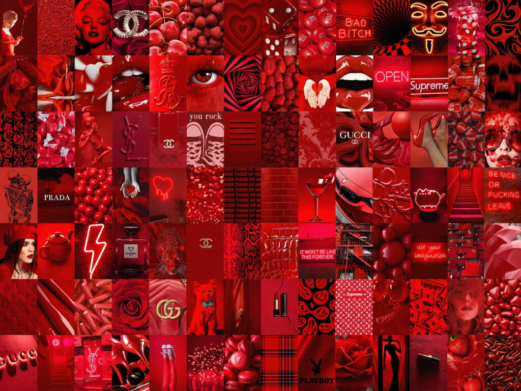 Vibrant red collage wallpaper with Chanel Gucci Supreme Marilyn Monroe neon signs and roses