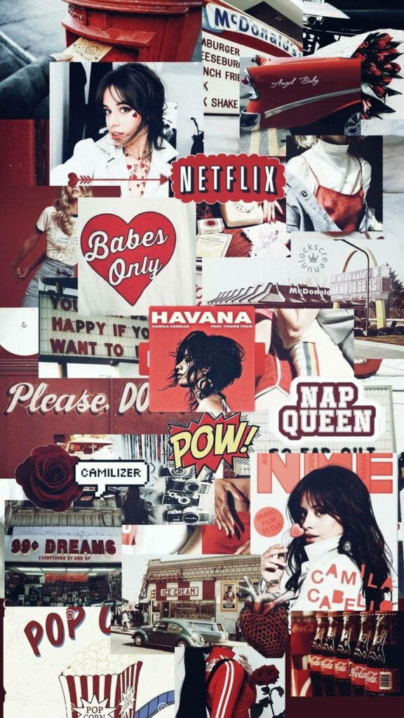 Vibrant Red iPhone Wallpaper with Camila Cabello & Bold Retro Design