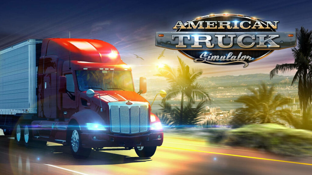 Glossy red truck driving on sunny palm tree highway American Truck Simulator wallpaper background