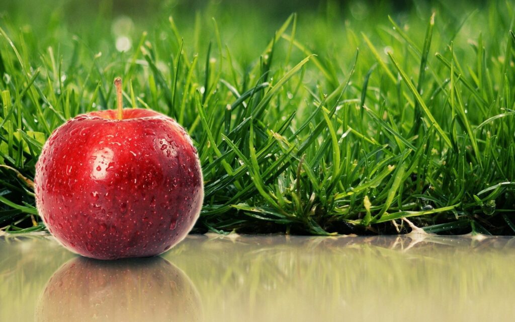Fresh Red Apple on Dewy Grass | Vibrant Nature Wallpaper Background