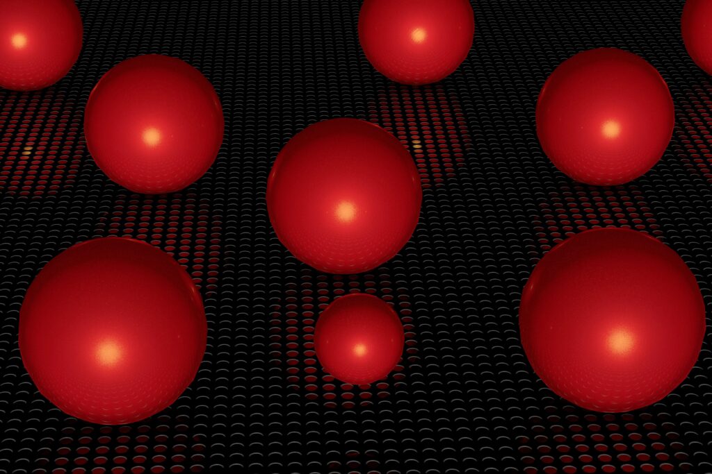 Vibrant Red Balls on Textured Black Grid - Modern Wallpaper 4800x3200