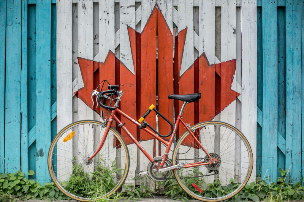 Red bike against rustic wooden wall with large red maple leaf wallpaper background