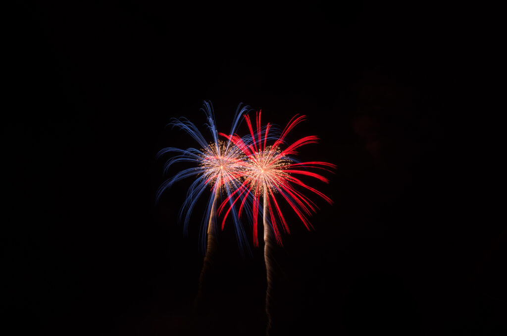 Vibrant Red & Blue Fireworks Wallpaper - Captivating Night Sky Display