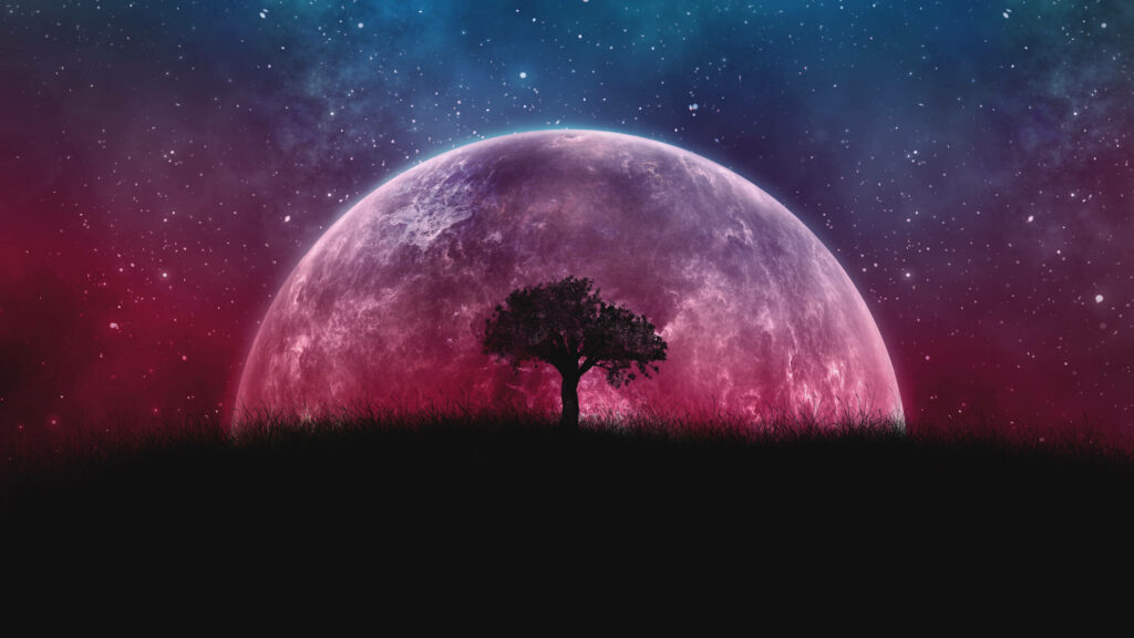 Vibrant Red & Blue Moon Wallpaper: Starry Night with Tree Silhouette
