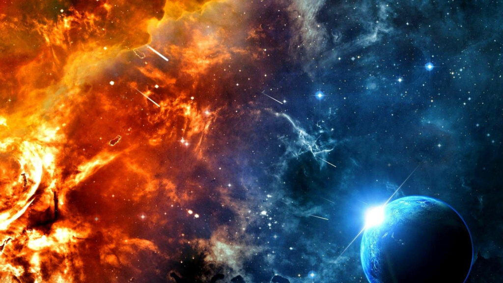Vibrant red and blue nebula HD wallpaper with radiant Earth-like planet and starlight.