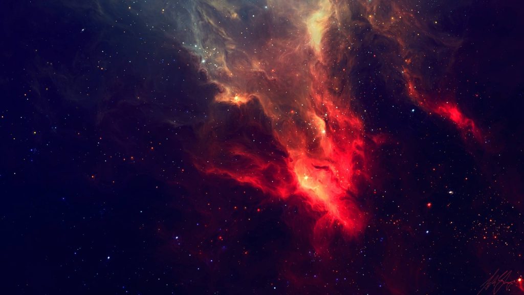 Vibrant red and brown nebula swirling in black galaxy with scattered starlight space wallpaper