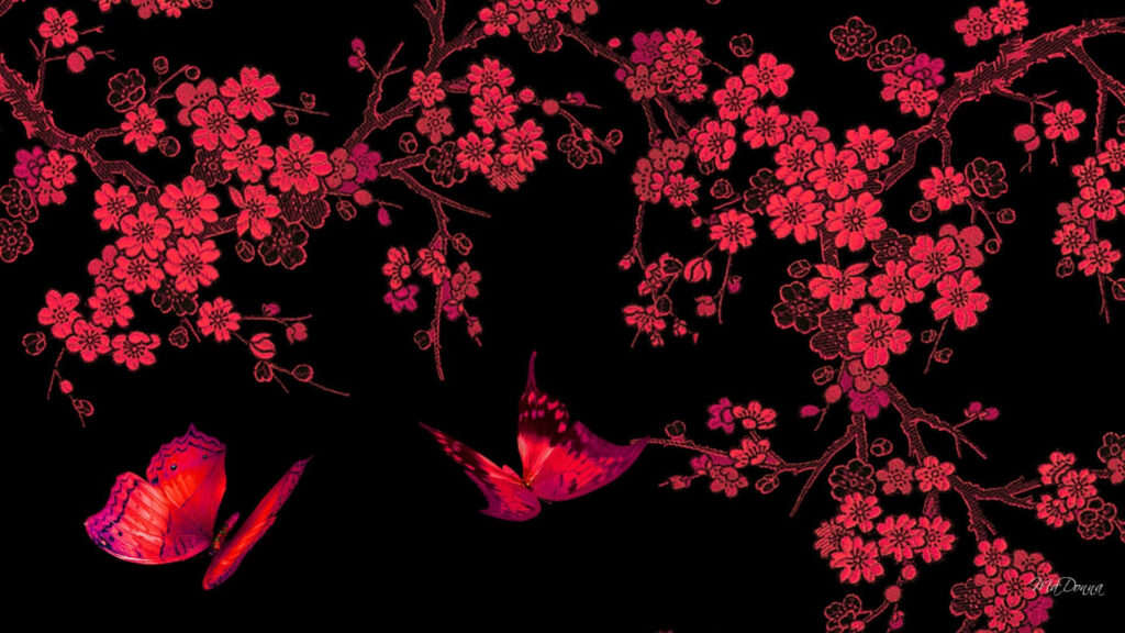 Artistic Red Butterflies & Cherry Blossoms Wallpaper on Black Background