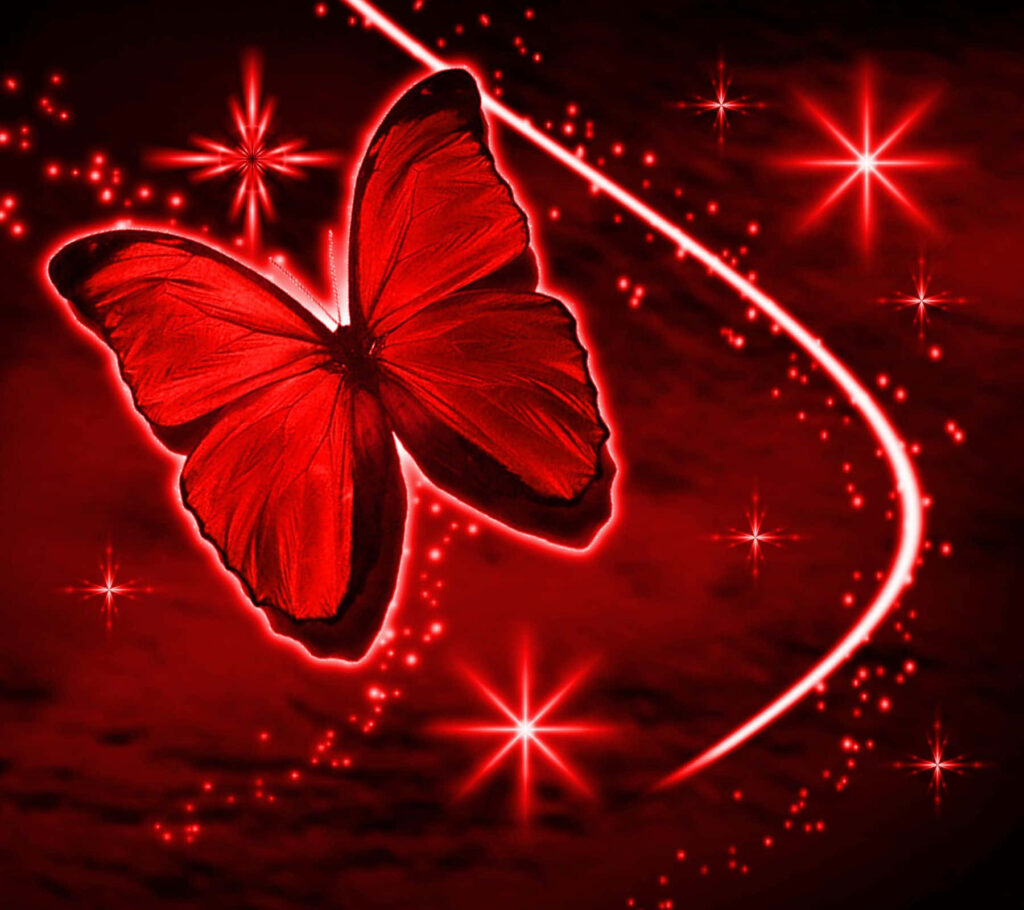 Vibrant Red Butterfly Wallpaper with Glowing Stars & Light Trails