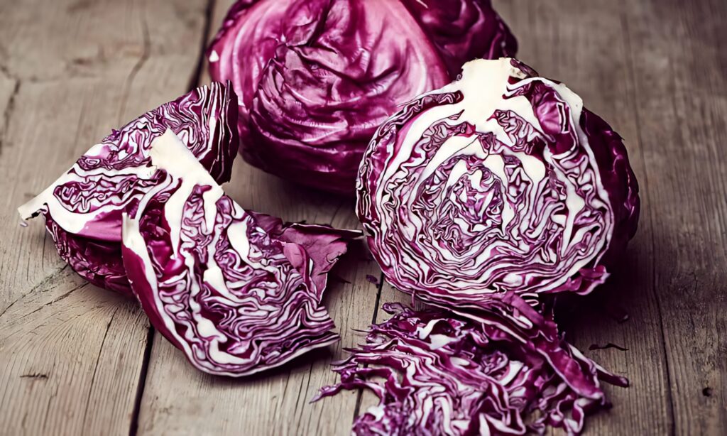 Raw red cabbage whole and sliced showcasing vibrant purple textures on rustic wooden background Wallpaper