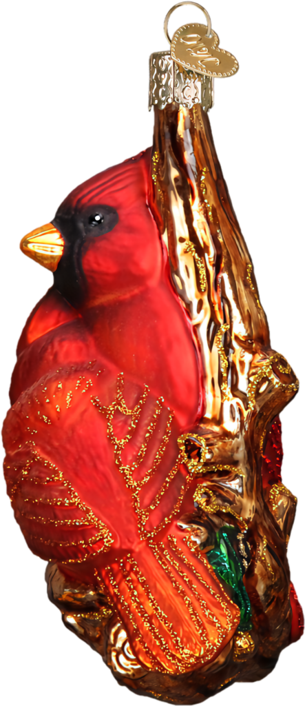 Vibrant Red Cardinal Christmas Ornament Wallpaper with Gold Accents
