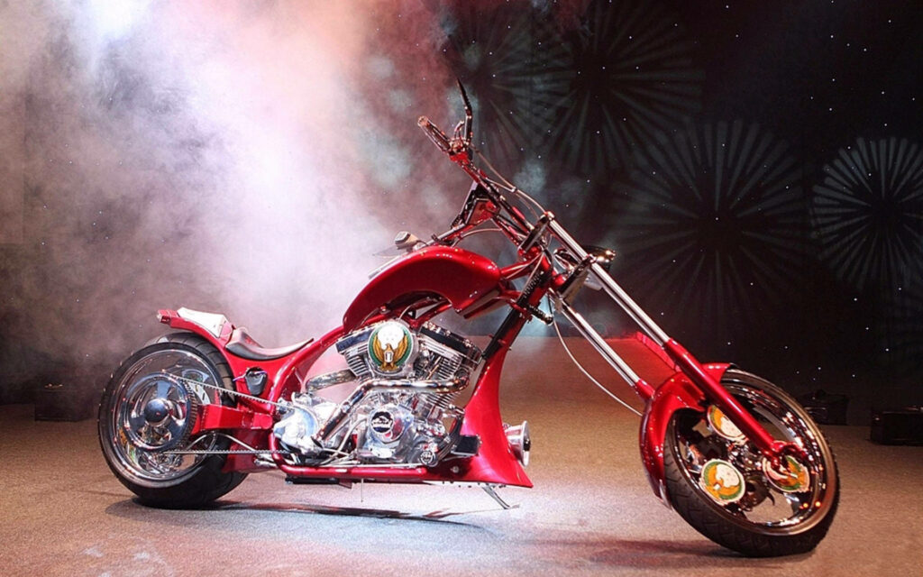 Vibrant Red Chopper Motorcycle Wallpaper with Smoky Background