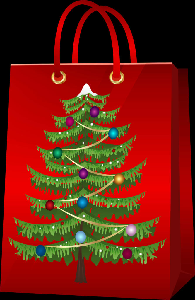 Vibrant Red Gift Bag Wallpaper with Festive Christmas Tree Design