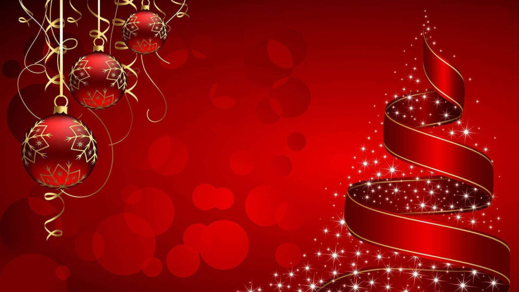 Vibrant Red Christmas Wallpaper with Ornaments & Ribbon Tree