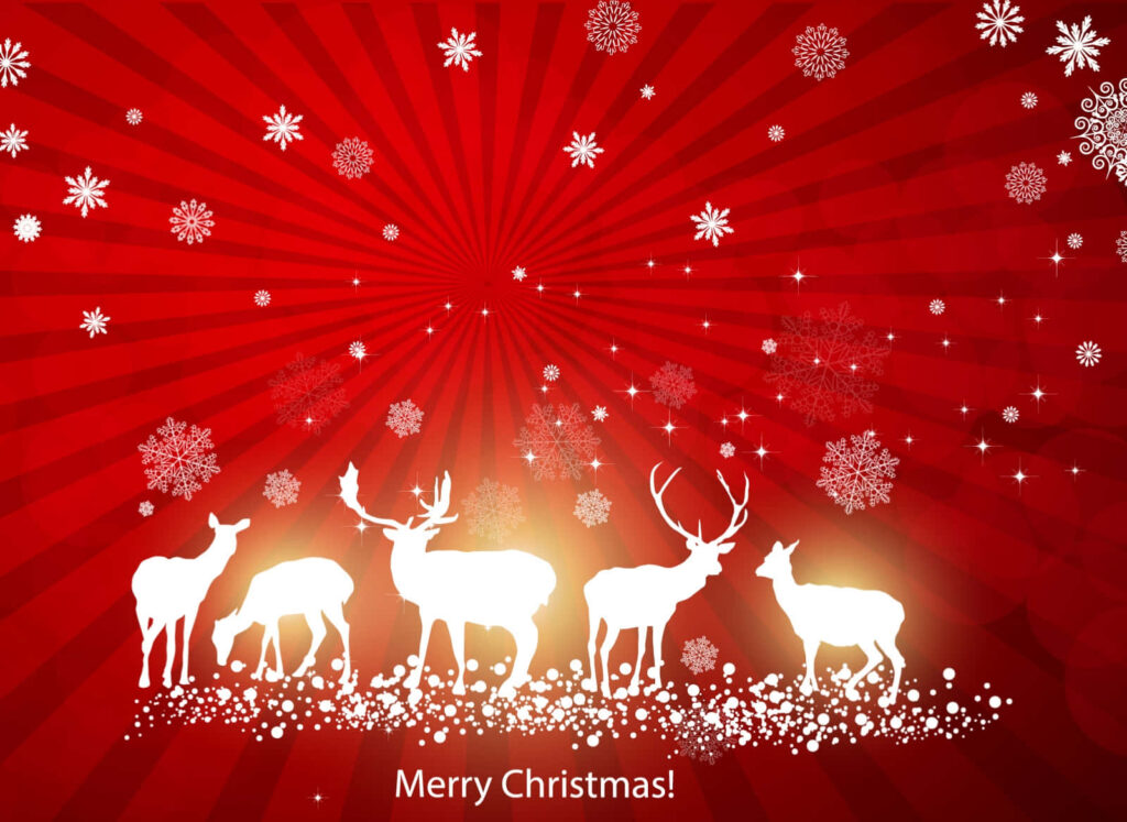 Radiant Red Christmas Wallpaper with Reindeer and Snowflakes