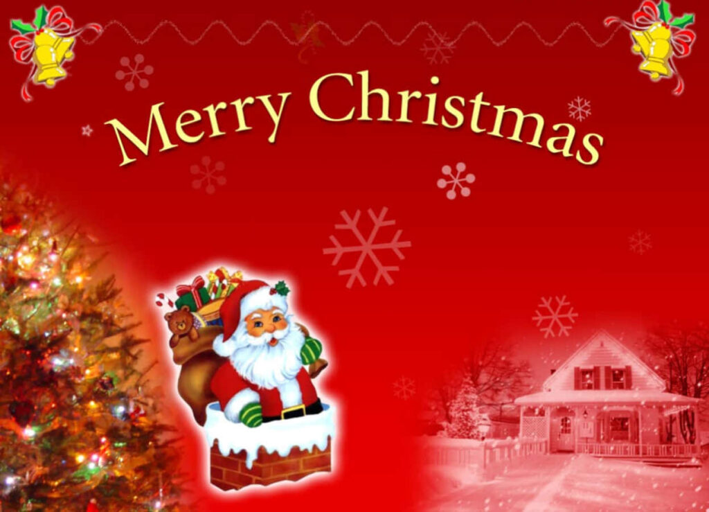 Vibrant Red Christmas Wallpaper: Santa, Tree & Cozy Home Scene