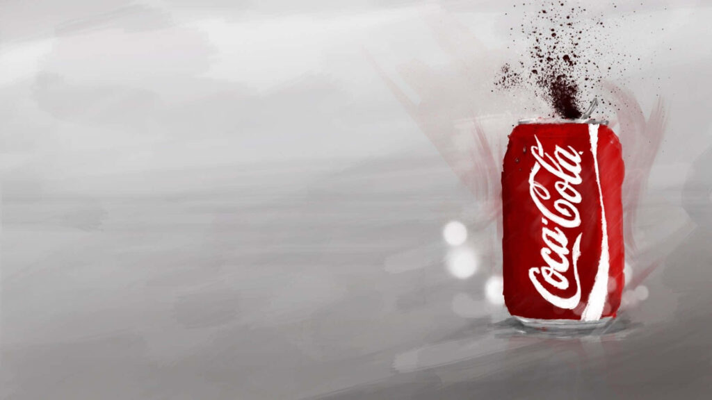 Vibrant digital art of classic red Coca-Cola can with splash against soft abstract gray background Wallpaper