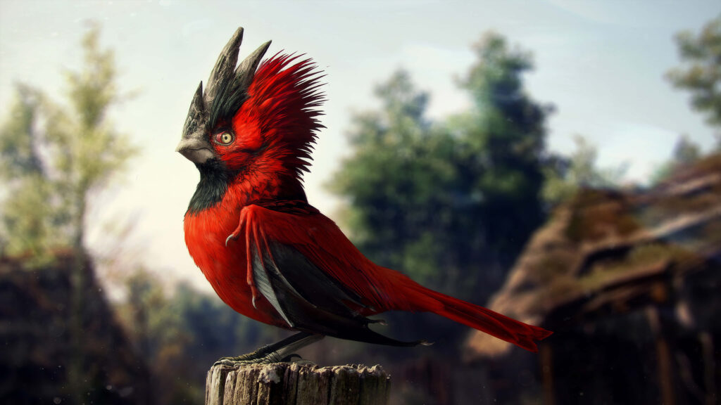 Vibrant Red Crested Bird on Wooden Stump - Stunning 4K Wallpaper