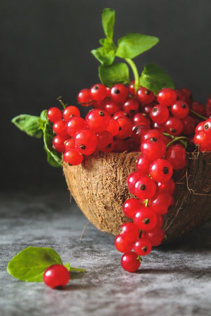 Vibrant Red Currants in Coconut Shell - Rustic Wallpaper Background