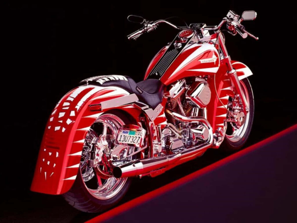 Vibrant Red Custom Motorcycle Wallpaper on Bold Black Background