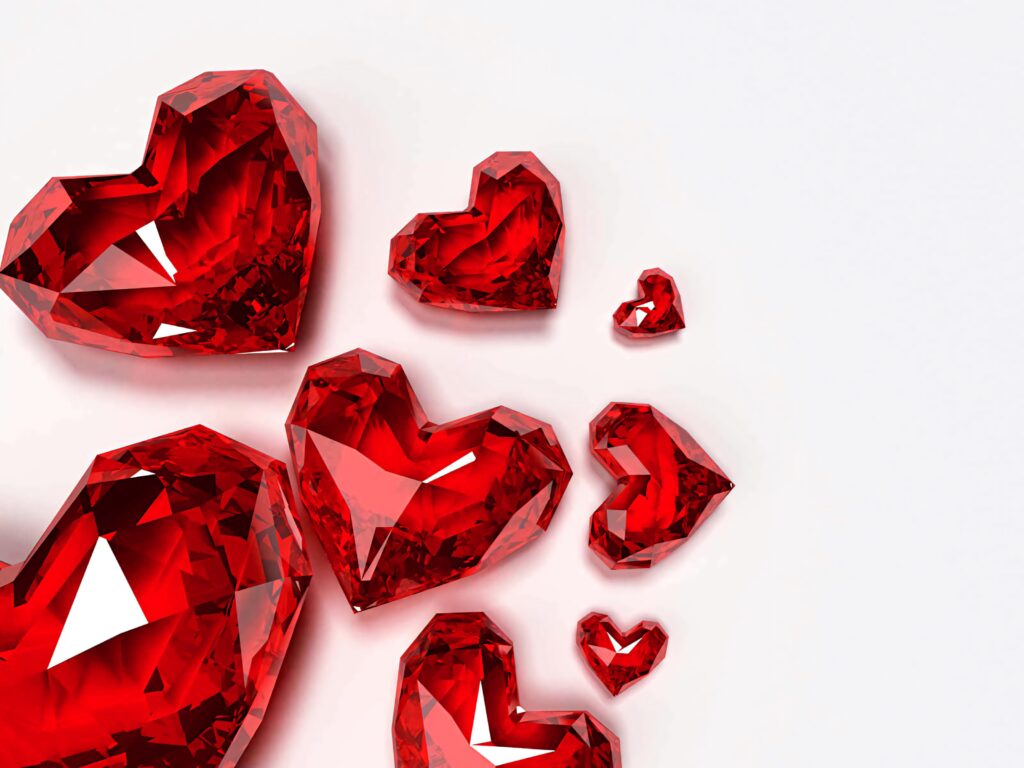 Vibrant red diamond hearts wallpaper with intricate facets on white background luxury romance