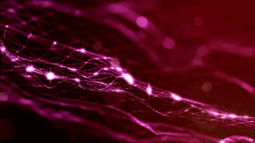 Vibrant red digital neural network wallpaper with glowing holographic nodes and fluid light streams