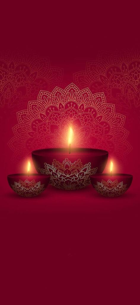 Red Diwali lamps with golden patterns glowing on rich red mandala background festive wallpaper