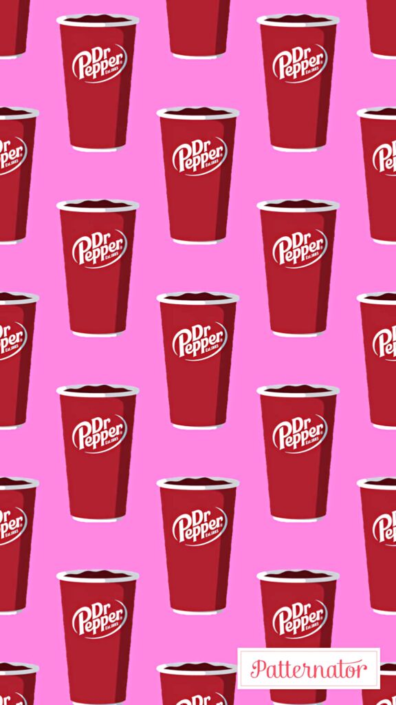 Repeating pattern of red Dr Pepper cups with soda on vibrant pink pop art style wallpaper background