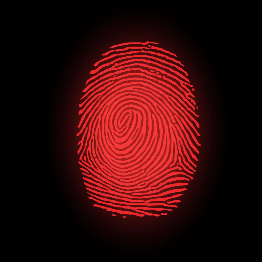 Vibrant glowing red fingerprint on black background digital wallpaper cybersecurity biometric