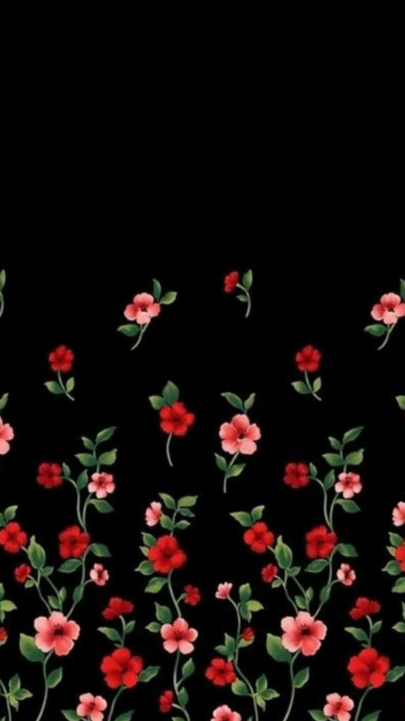Elegant Black Background with Vibrant Red Flowers and Green Leaves Wallpaper