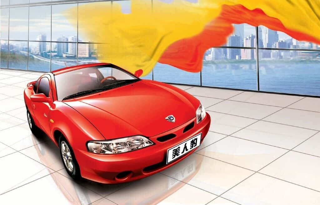Vibrant Red Geely Emgrand GT Wallpaper Against Cityscape Background