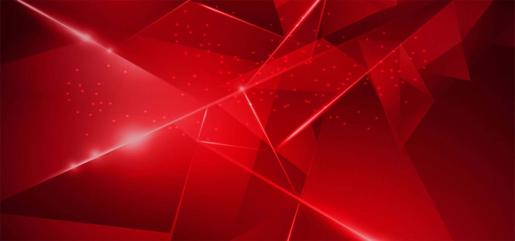 Vibrant red geometric wallpaper with glowing polygons laser light streaks and particle effects