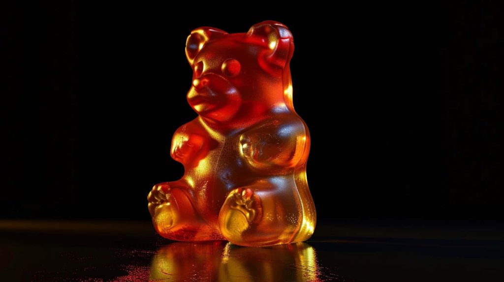 Vibrant red illuminated gummy bear 3D digital wallpaper with jelly texture on black background