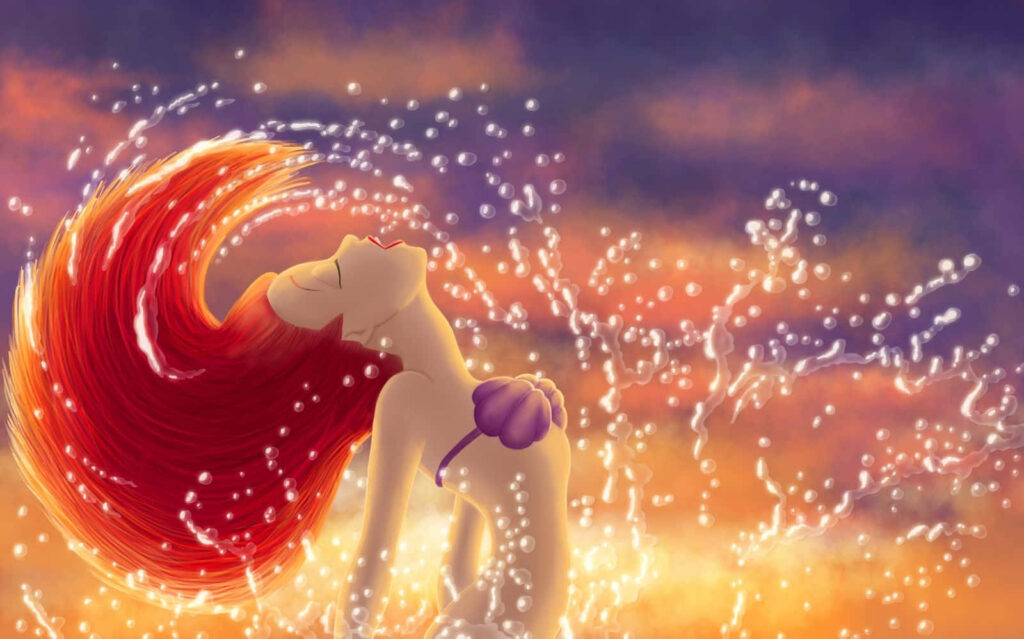 Vibrant Red-Haired Mermaid Wallpaper with Sparkling Sunset Background